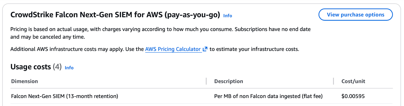 CrowdStrike Falcon Next-Gen SIEM pricing shown on AWS Marketplace at $5.95 per GB with 13-month retention