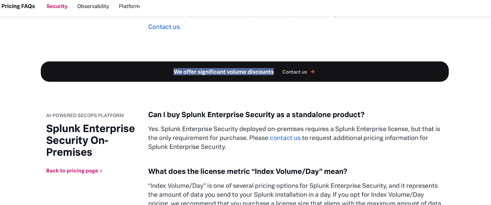 Splunk Enterprise Security pricing page requiring a sales call for a quote in 2026