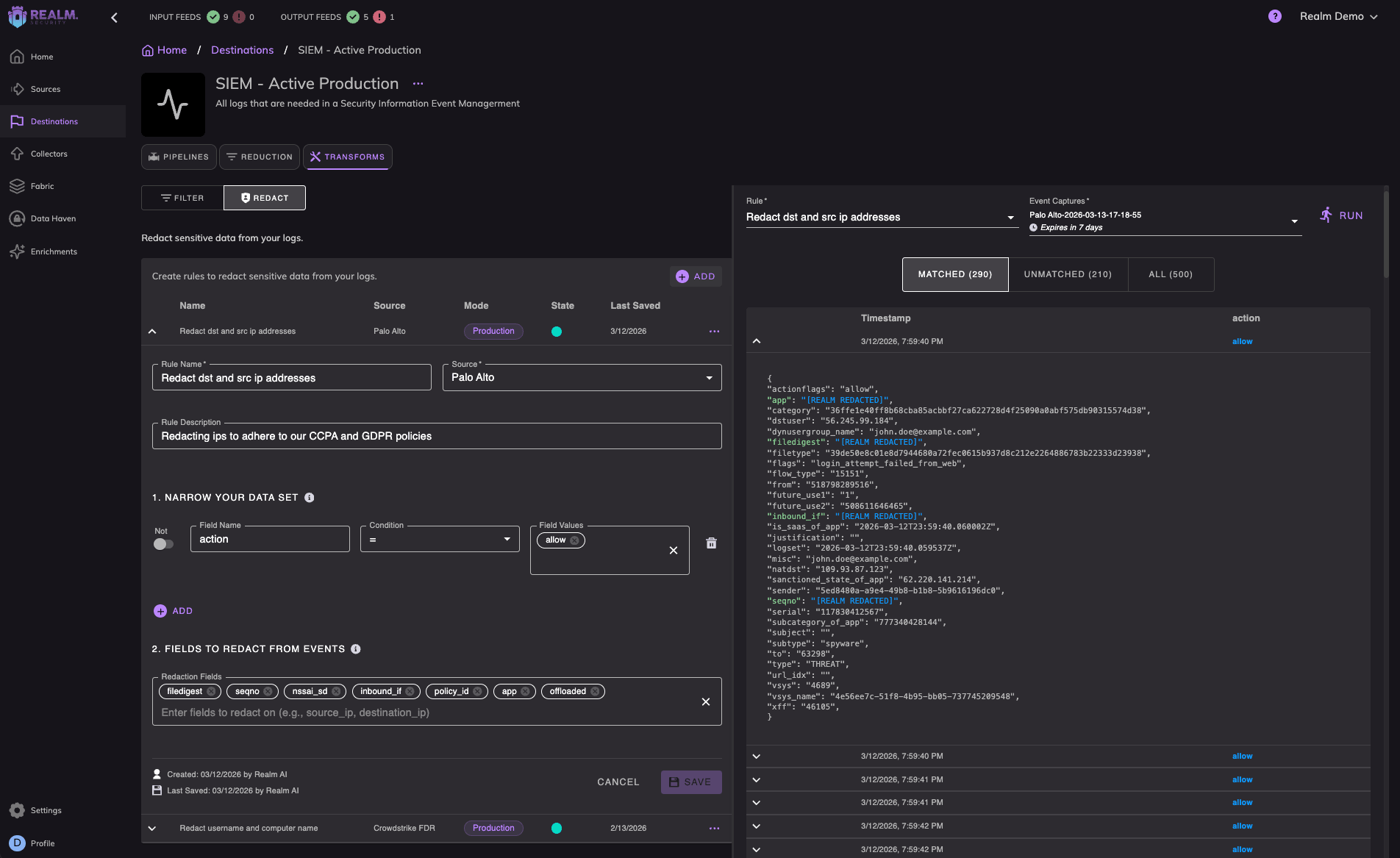 Realm Privacy Guard redacting PII, PHI, secrets, and API keys from logs before they reach a SIEM hosted in a third-party tenancy