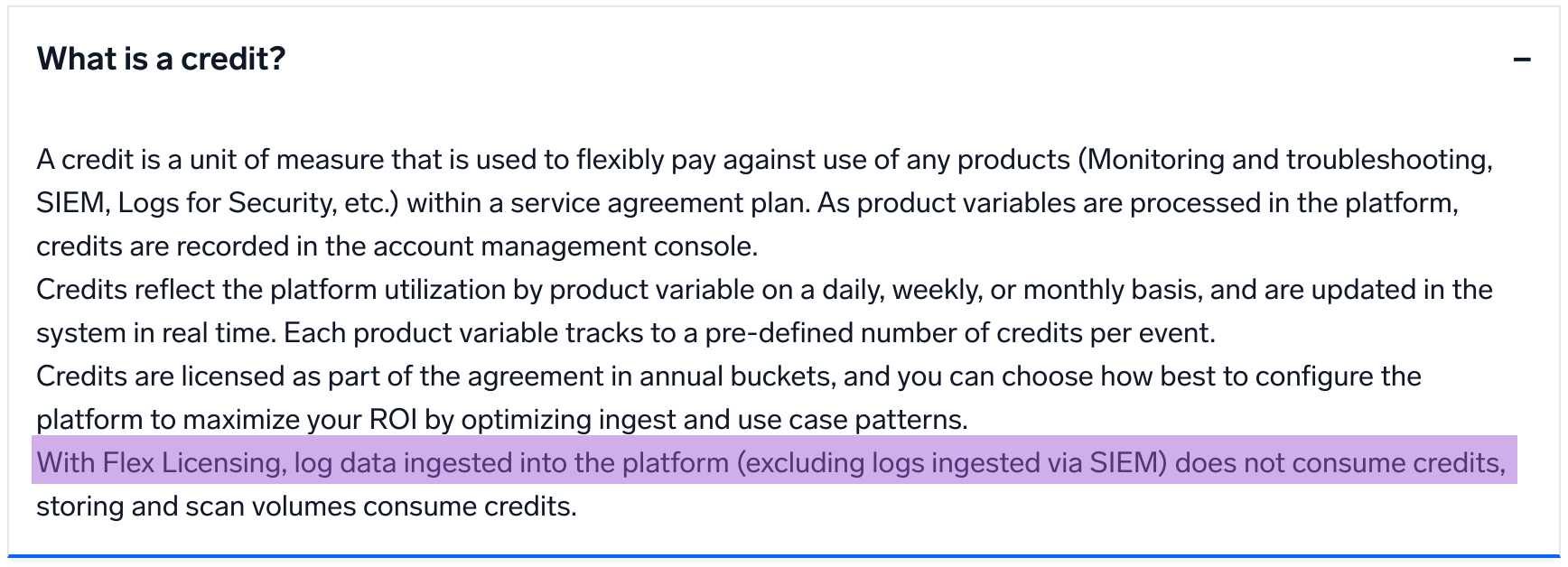 Sumo Logic documentation defining a credit, noting that with Flex Licensing log data ingested into the platform does not consume credits excluding logs ingested via SIEM