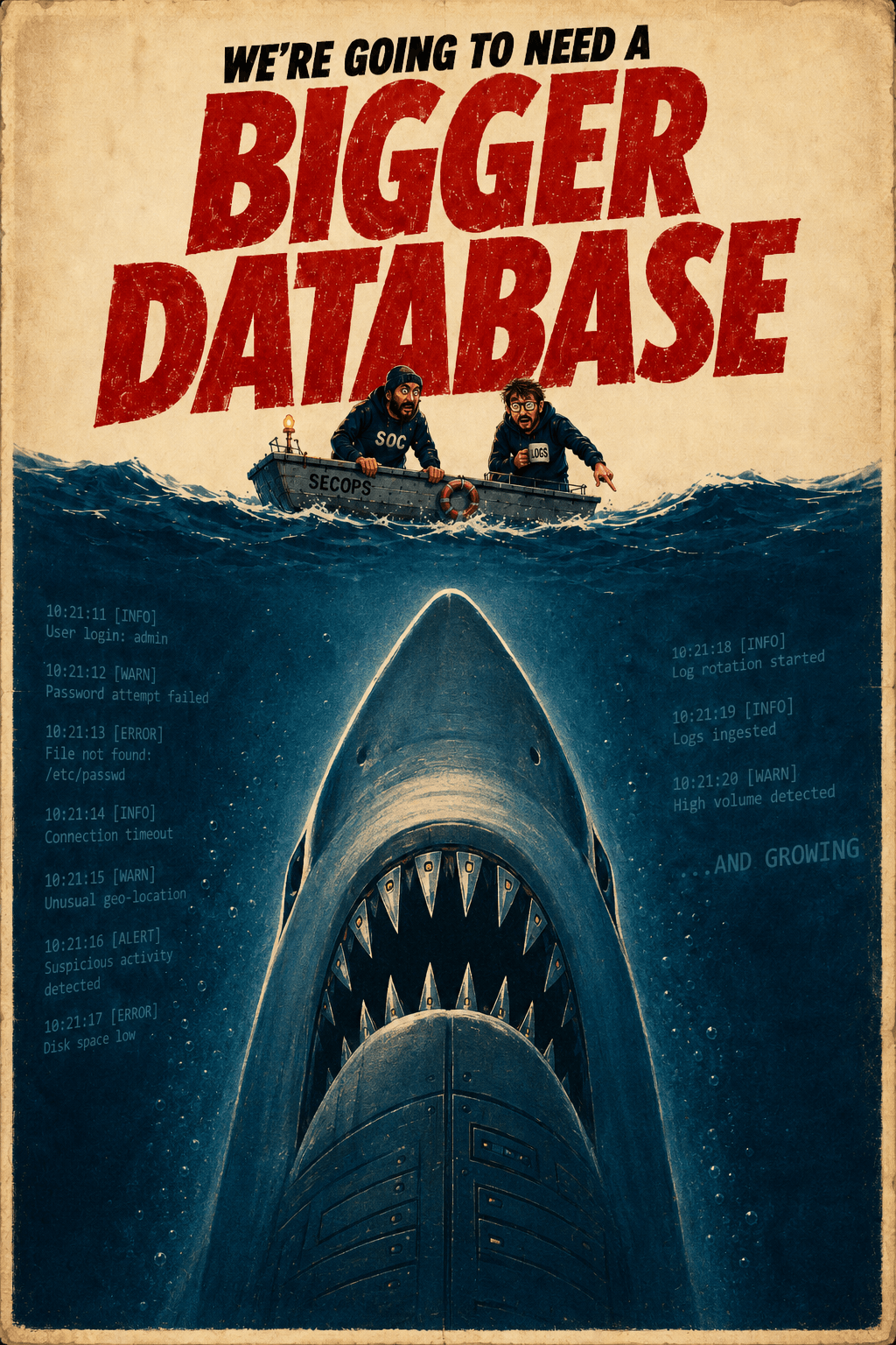 Jaws-style 'We're going to need a bigger database' poster showing a SOC team in a boat above a shark made of endless log data, illustrating runaway SIEM log volume growth