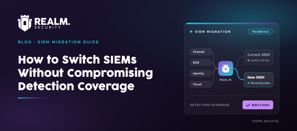 How to Switch SIEMs Without Compromising Detection Coverage - Realm routes firewall, EDR, identity and cloud data to the current and the new SIEM in parallel so detection coverage can be matched before cutover