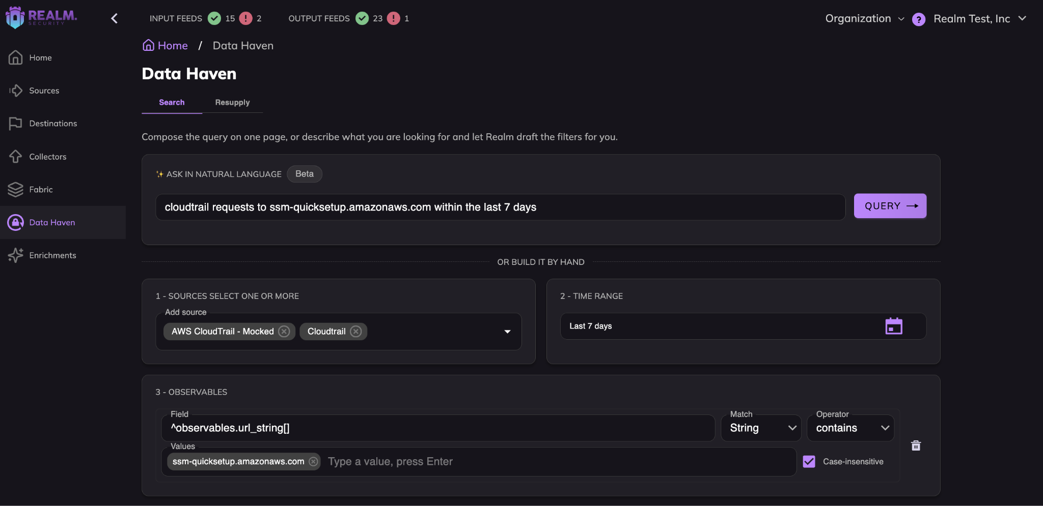 Data Haven Search page in Realm: a plain-language request for CloudTrail requests to ssm-quicksetup.amazonaws.com within the last 7 days, with the source, time range, and observable filled in below it